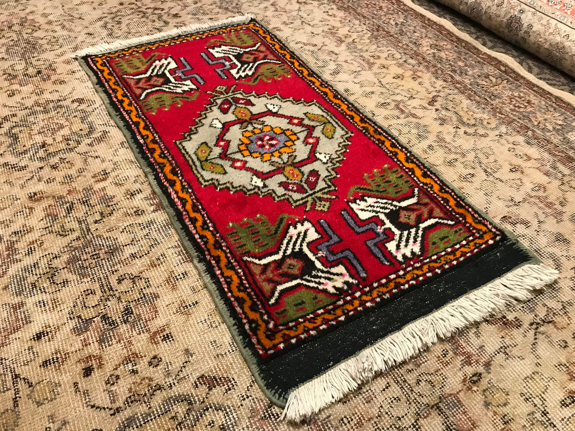 Faded Doormat Camel and Pink Turkish Oushak Small Rug 1223 Vintage Home Decor Doormat Rug Farmhouse decor authentic doormat 2.7 x 1.5 ft